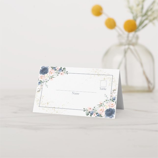 Light Dusty Blue Blush Pink Gold Floral Place Card (Front)