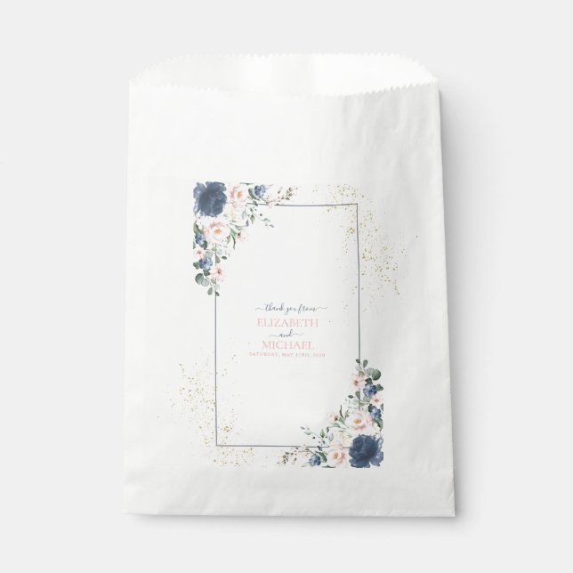 Light Dusty Blue Blush Pink Gold Floral Wedding Favour Bags (Front)
