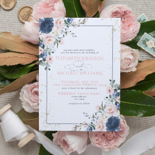 Light Dusty Blue Blush Pink Gold Floral Wedding In Invitation