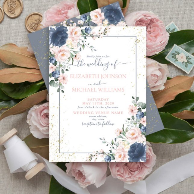 Light Dusty Blue Blush Pink Gold Floral Wedding Invitation (Creator Uploaded)