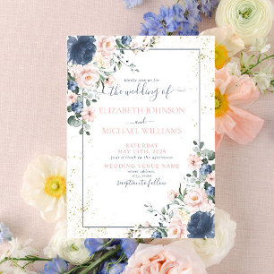 Light Dusty Blue Blush Pink Gold Floral Wedding Invitation
