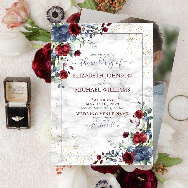 Light Dusty Blue Burgundy Floral Photo Wedding Invitation (Creator Uploaded)