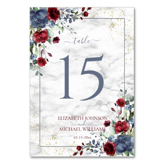 Light Dusty Blue Burgundy Floral Photo Wedding Table Number (Front)
