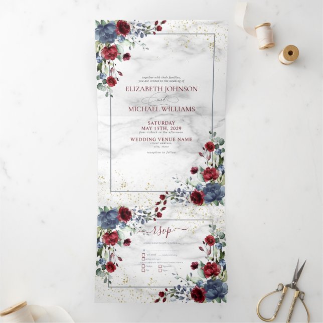 Light Dusty Blue Burgundy Floral Photo Wedding Tri Tri-Fold Invitation (Inside)