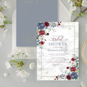 Light Dusty Blue Burgundy Gold Floral Shower Invitation