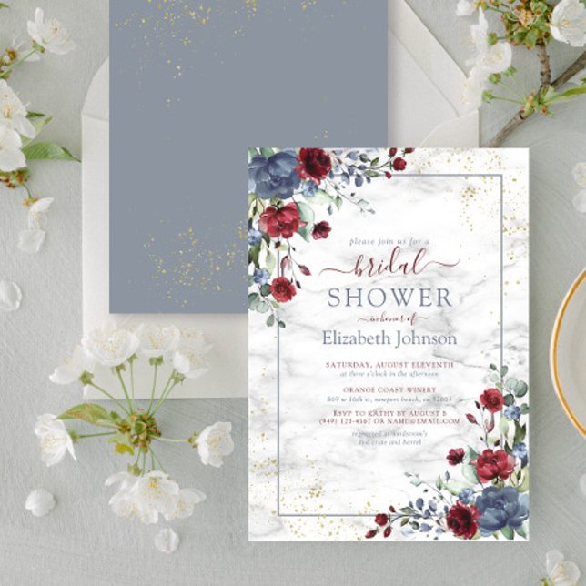Light Dusty Blue Burgundy Gold Floral Shower Invitation (Creator Uploaded)