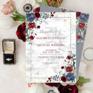 Light Dusty Blue Burgundy Gold Floral Wedding Invitation