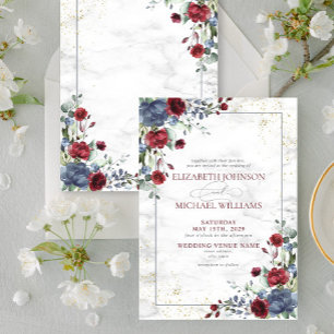 Light Dusty Blue Burgundy Gold Floral Wedding Invitation