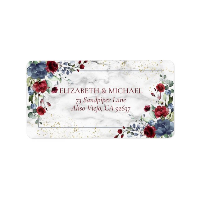Light Dusty Blue Burgundy Gold Wedding Address Label (Front)