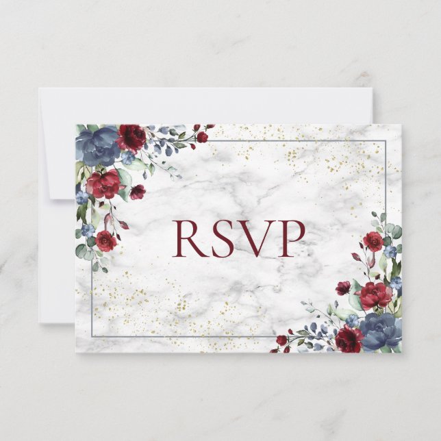 Light Dusty Blue Burgundy Gold Wedding RSVP (Front)