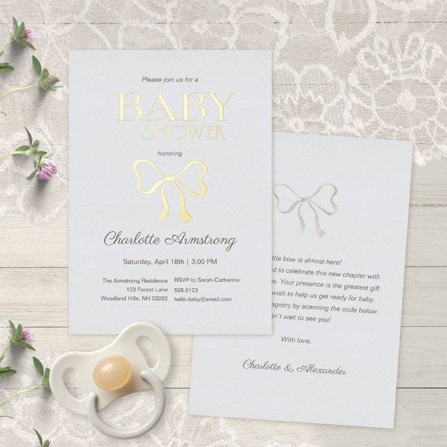 Light Dusty Blue Elegant Bow Baby Shower (Subtle Dusty Blue Elegant Bow Baby Shower Foil Invitation ©Susanne Sachers - Sunny Mind 🌞)