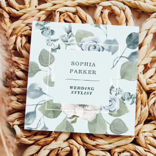 Light Dusty Blue Floral and Eucalyptus Square Business Card