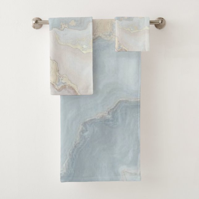 Light Dusty Blue Gray Beige Cream Abstract Bath Towel Set (Insitu)