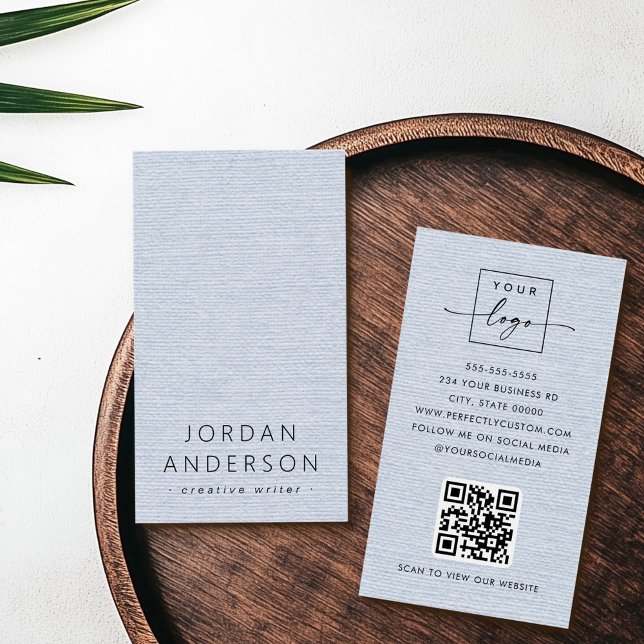 Light dusty blue look logo QR code business cards (Light dusty blue linen look logo QR code business cards)