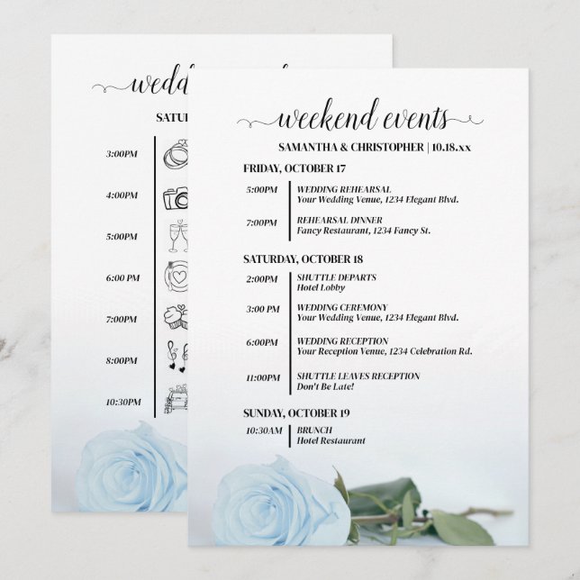 Light Dusty Blue Rose Wedding Events & Timeline Programme (Front/Back)