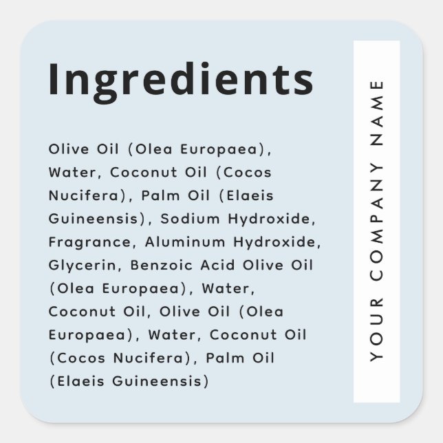 Light dusty blue trendy ingredient list product square sticker (Front)