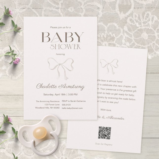 Light Dusty Rose Watercolor Bow Baby Shower Invitation (Subtle Dusty Rose Watercolor Bow Baby Shower Invitation ©Susanne Sachers - Sunny Mind 🌞)