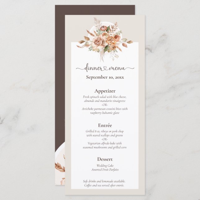 Light Earth Tone Floral Rustic Boho Wedding Menu (Front/Back)