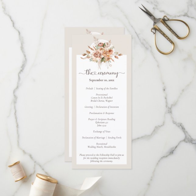 Light Earth Tone Floral Rustic Boho Wedding Party Programme (Front/Back In Situ)
