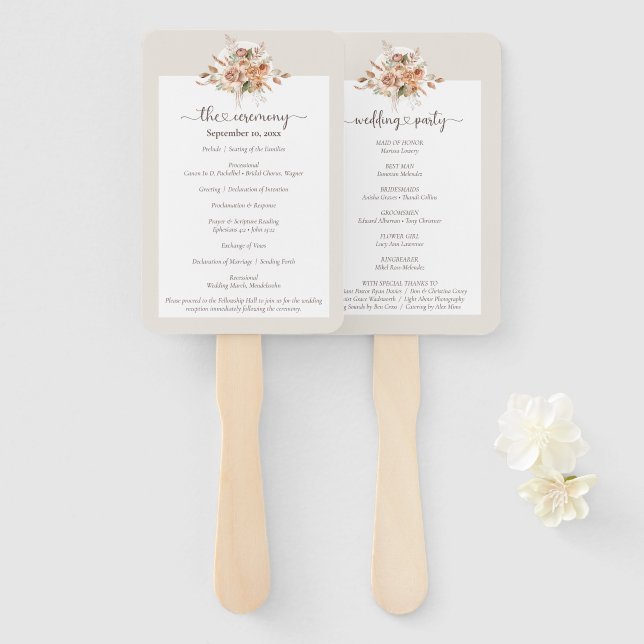 Light Earth Tone Floral Wedding Program / Party Hand Fan (Front and Back)