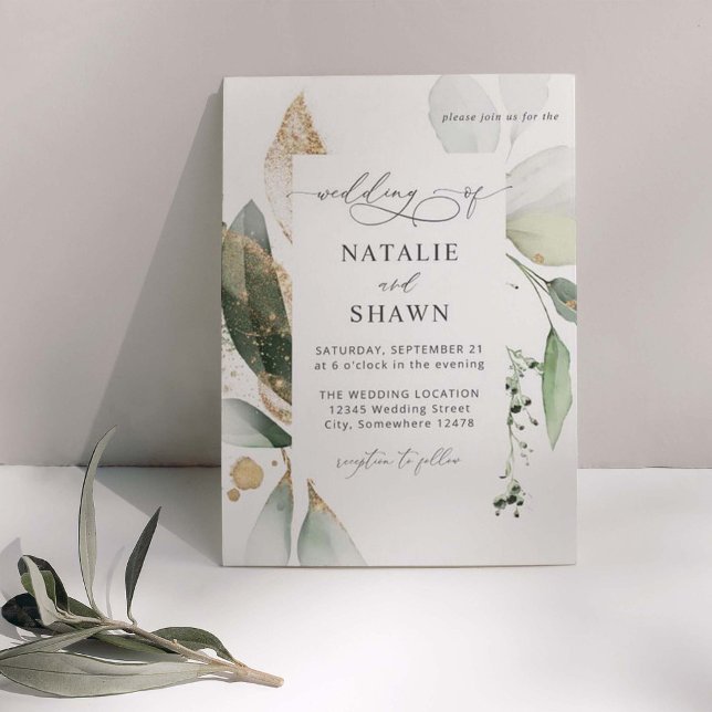 Light Eucalyptus Glow Gold Wedding  Invitation (Creator Uploaded)