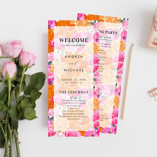 Light Faded Pink Orange Fresh Floral Bloom Wedding Programme