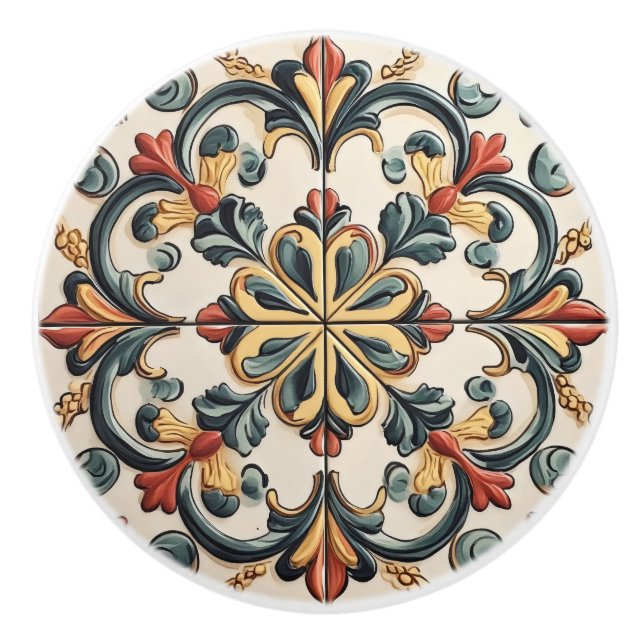 Light Floral Tile Pattern Ceramic Knob (Front)