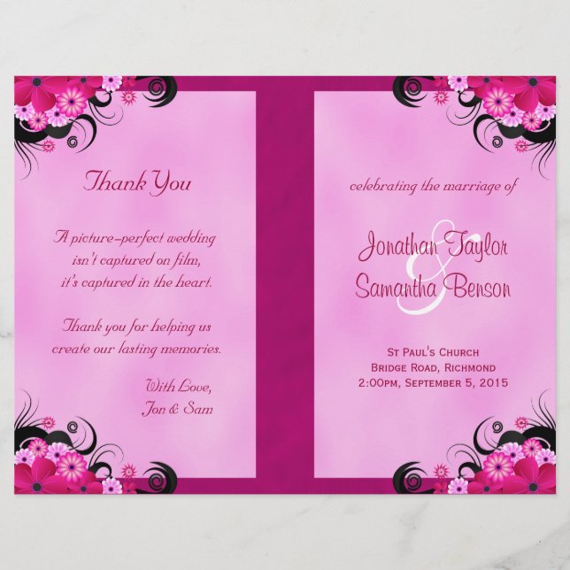 Light Fuchsia Floral Wedding Program Templates (Front)