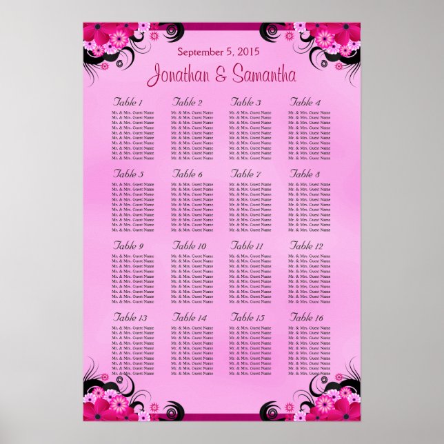 Light Fuschia 16 Wedding Table Seating Charts (Front)