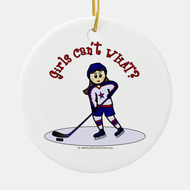 Light Girls Hockey Player Ceramic Tree Decoration (Front)