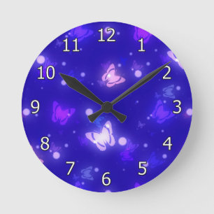 Light Glow Butterflies Dark Blue Design Round Clock