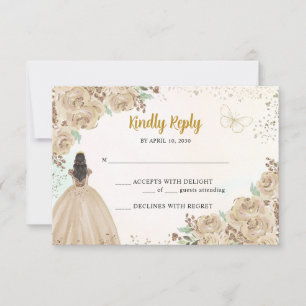 Light Gold Copper Floral Princess Quinceañera RSVP Card