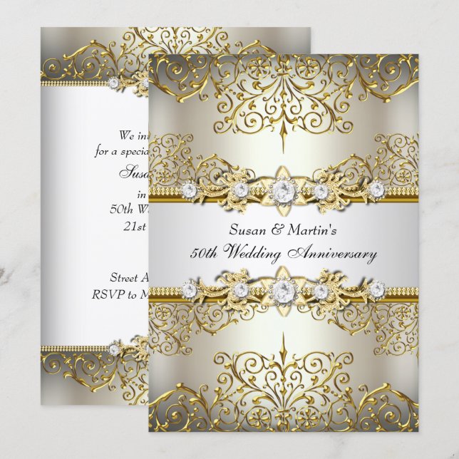 Light Gold Floral Swirl 50th Wedding Anniversary Invitation (Front/Back)