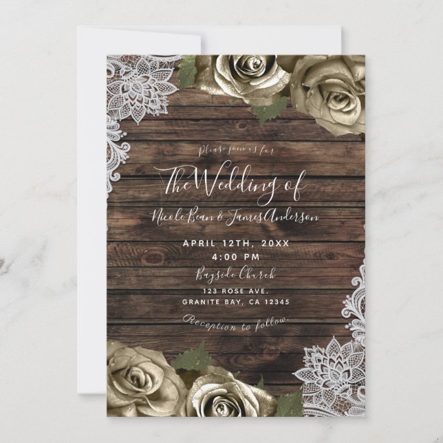 Light Gold Glam Floral Roses Rustic Wood Lace  Invitation (Front)