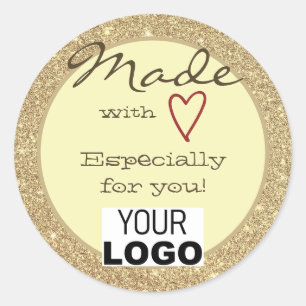 Light Gold Glitter Made with Love Red Heart Logo Classic Round Sticker