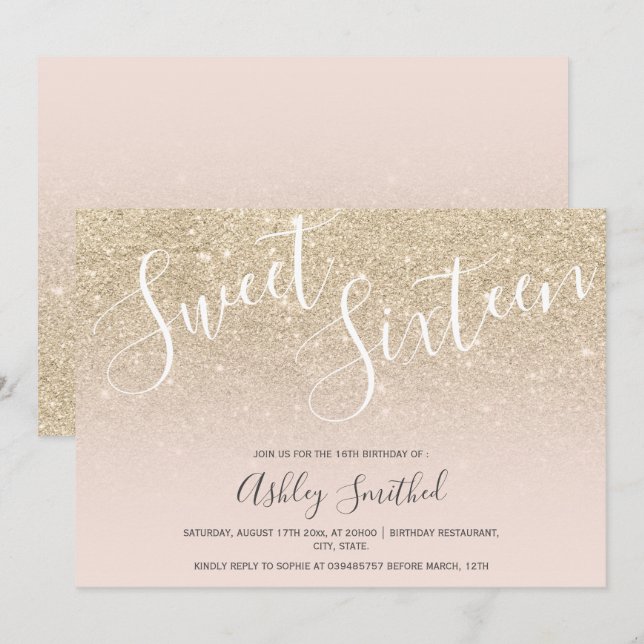 light gold glitter ombre pink sweet sixteen invitation (Front/Back)