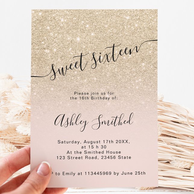 Light gold glitter pink ombre script sweet 16 invitation (Creator Uploaded)