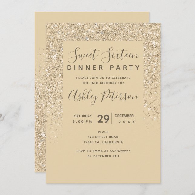 light gold glitter typography chic gold Sweet 16 Invitation (Front/Back)