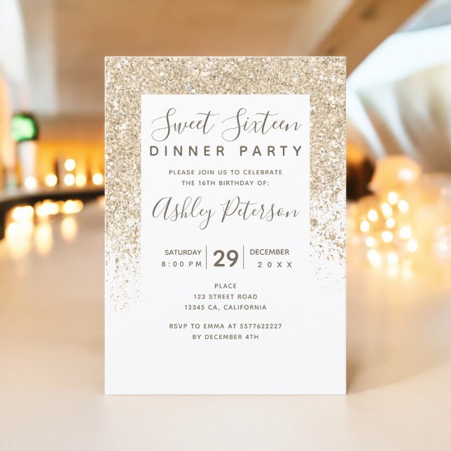 light gold glitter typography white girly Sweet 16 Invitation (light gold glitter typography white girly Sweet 16 Invitation)