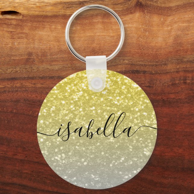 Light gold grey ombre faux sparkles Custom name Key Ring (Front)