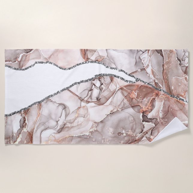 LIGHT GOLD MARBLE AGATE SILVER GLITTER GLAM BEACH TOWEL (Front)