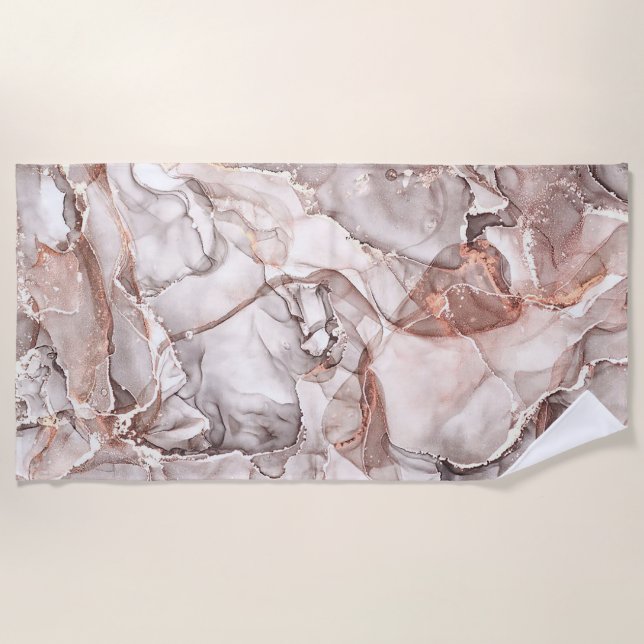 LIGHT GOLD MARBLE AGATE SILVER GLITTER GLAM BEACH TOWEL (Front)