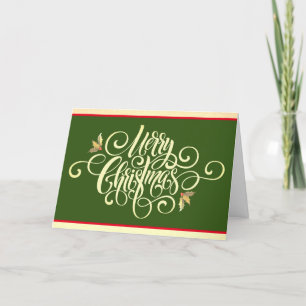 Light gold Merry Christmas with holly custom Holiday Card