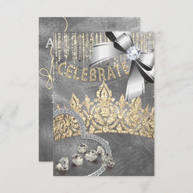 Light Gold Silver with crown diamonds blue  party Invitation (Front/Back)