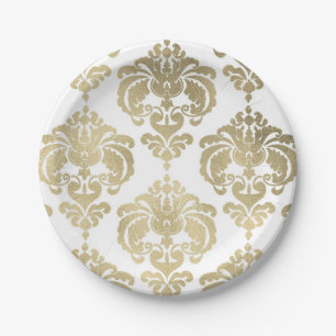 Light Gold & White Damask Vintage Wedding Event Paper Plate