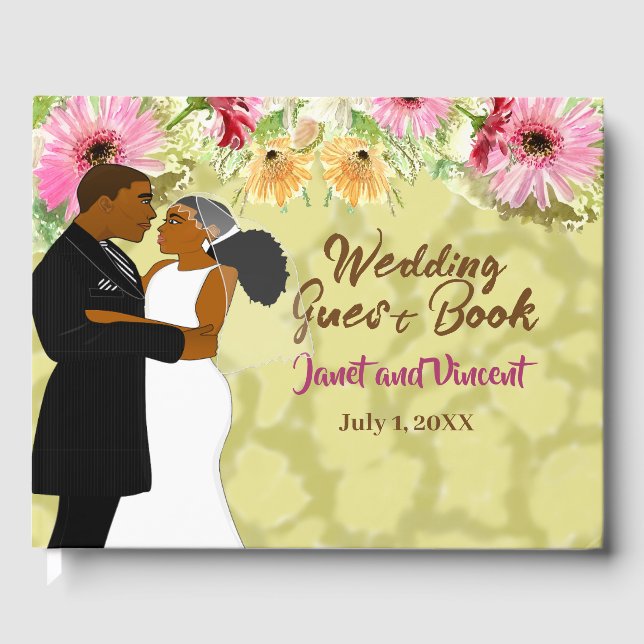 Light Gold Wildflowers African American Couple Guest Book (Front)