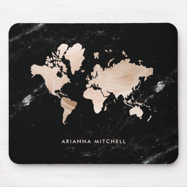 Light Gold World Map on Black Marble Mouse Pad (Front)