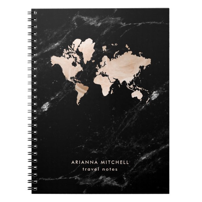Light Gold World Map on Black Marble Spiral Notebook (Front)