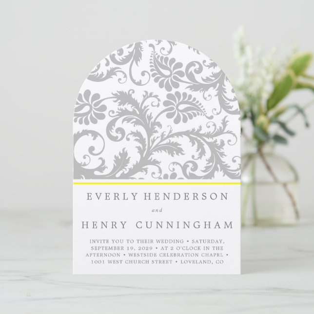 Light Gray and Yellow Damask Wedding Invitation (Standing Front)