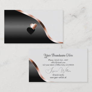 Light Gray Black Wavy Rose Gold Decor with Hearts Business Card